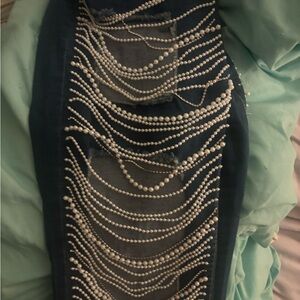 Embellished Blue jeans with Pearl Chain Detail